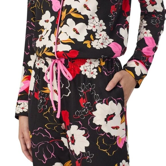 NEW Room Service Women's L Shawl Collar Pajama Set Black Floral Polyester - Picture 4 of 10